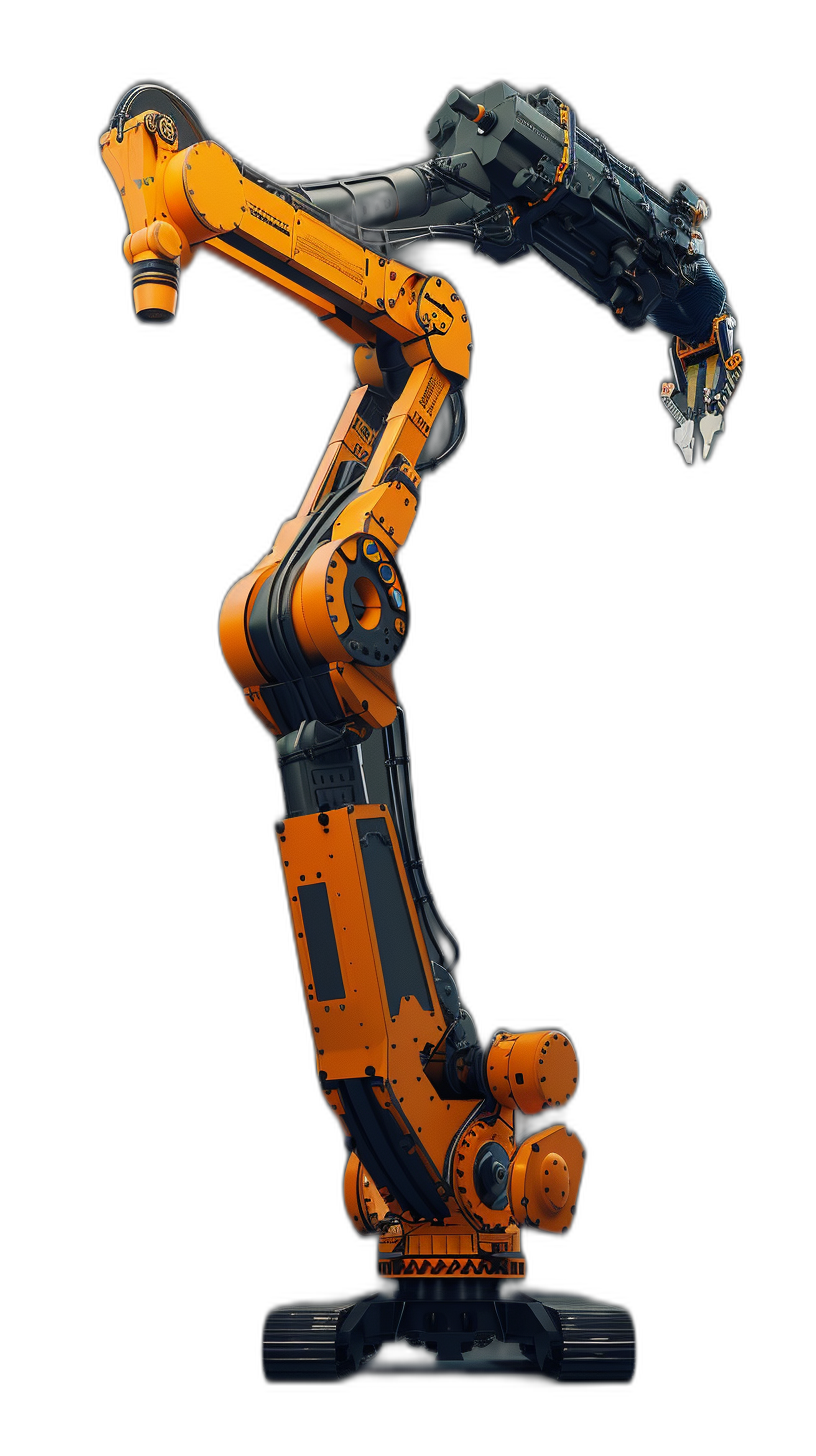 A robotic arm with orange and black color on the top, full body shot, black background, high resolution photography