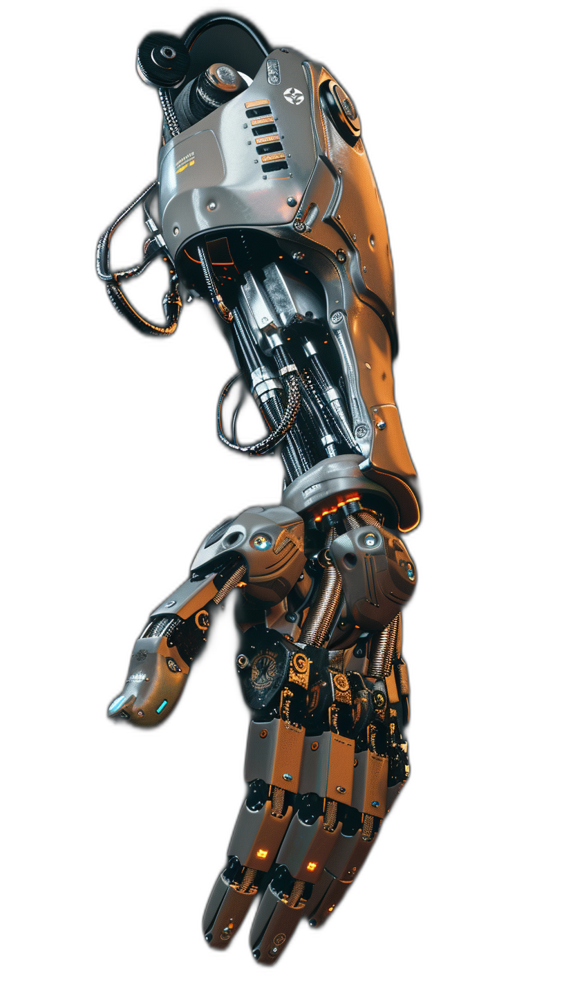 A robotic arm in a full body, mecha style design with a metallic texture and orange lights on the finger tips. Black background. Ultra realistic details, metallic material, complex mechanical structure, high resolution, high quality details.