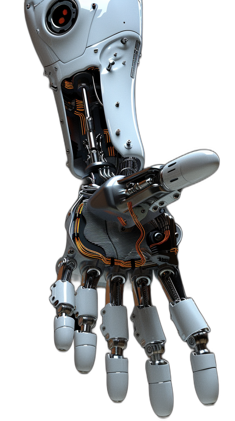 A robot hand with an open palm, pointing at the viewer, on a black background, in a hyper realistic photographic style.