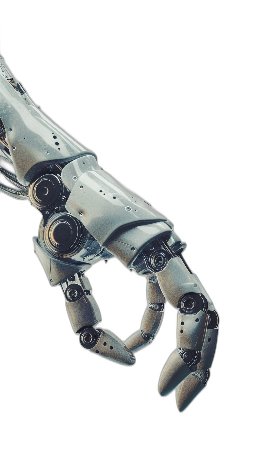 A robotic hand reaches out towards the viewer, with its fingers extended and details visible on each fingertip, set against a black background. The robot’s metal body is silver in color, creating an industrial look. This design adds depth to your mobile wallpaper, in the style of an industrial robotic hand.