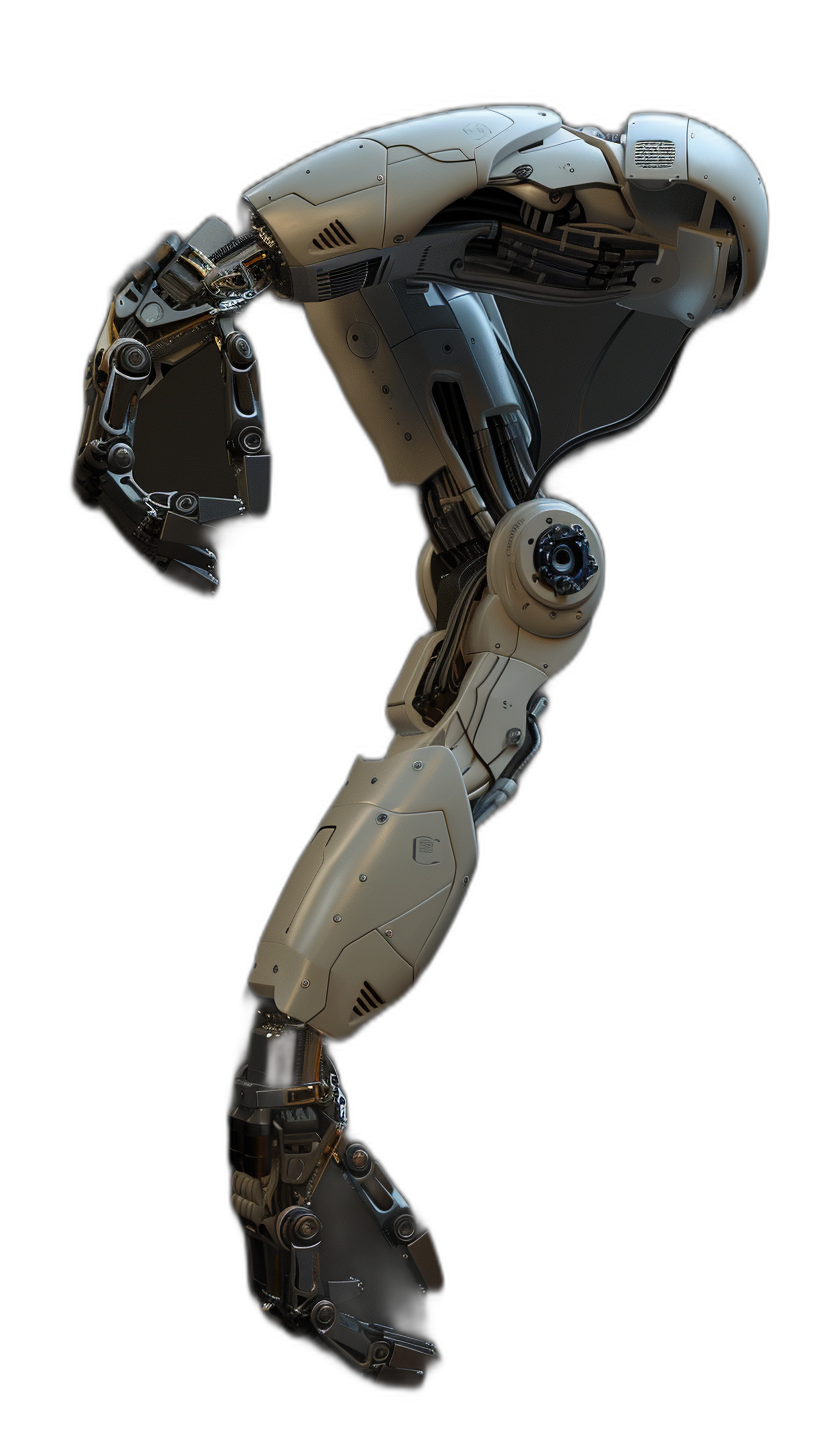 3/4 view, side profile of a white robot with a black background, 2 legs and 2 arms, in the style of cyberpunk, photographed with a 50 mm lens, a high resolution digital rendering, with detailed robotic parts