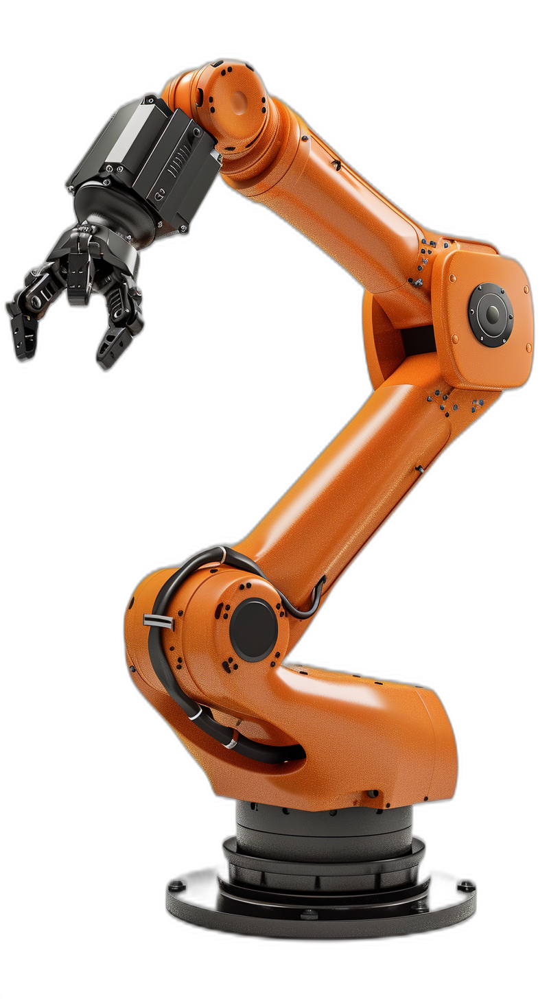 Photo of an industrial robot arm on black background, orange color, high resolution photography, insanely detailed, natural light, isolated white background, stock photo