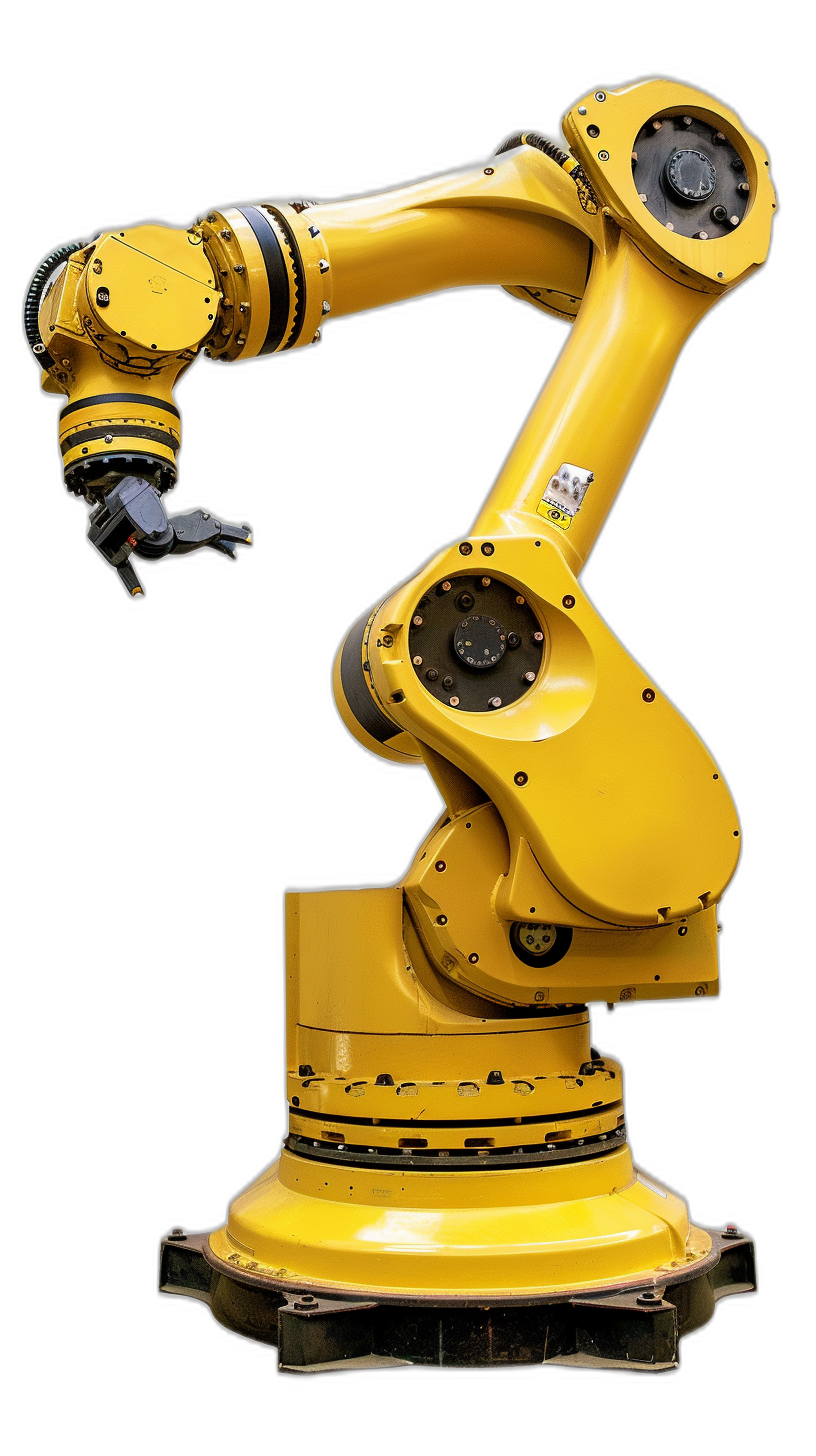 yellow industrial robot arm on black background, side view