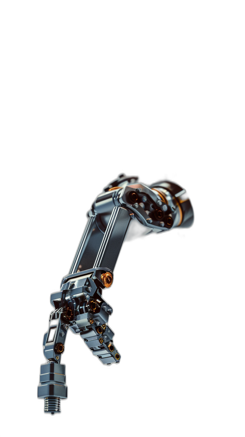 A robotic arm holding an object made of metal and glass on a black background in the style of hyperrealistic, with studio lighting and high resolution photography. The image shows insanely fine details in an isolated plain stock photo.