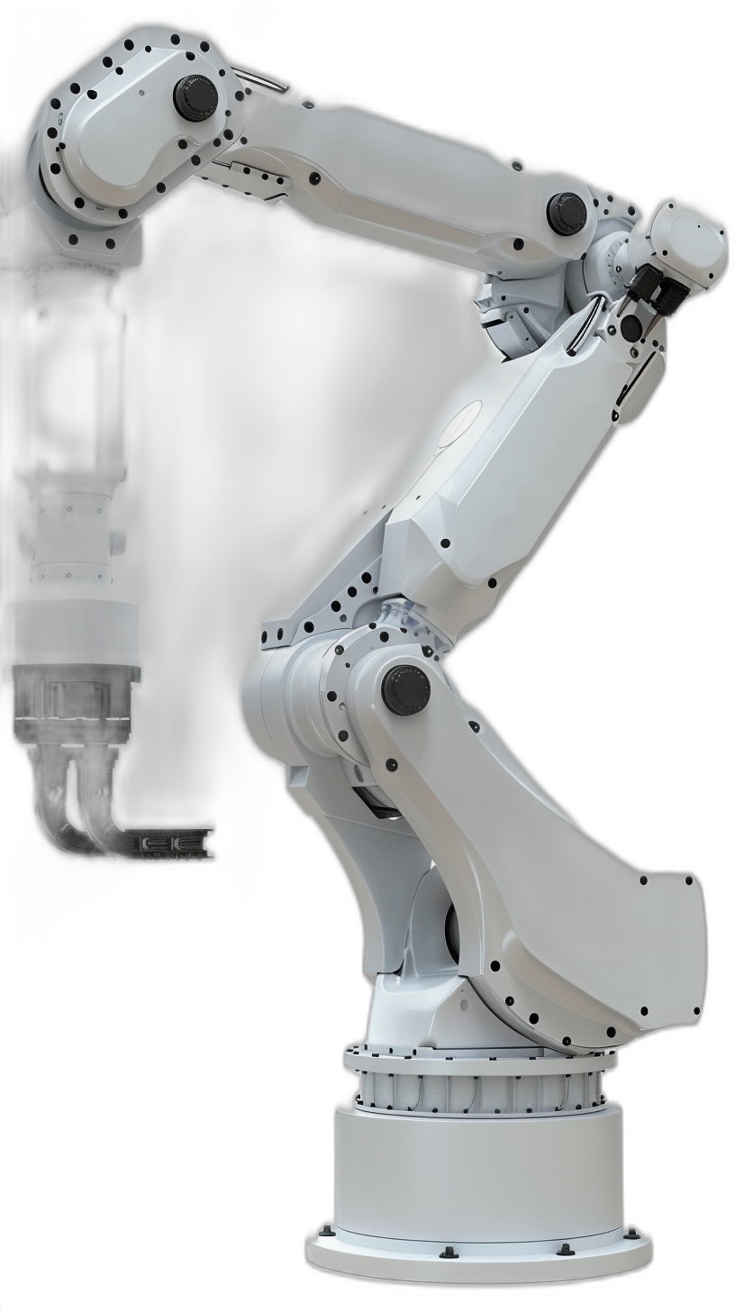 Photo of an industrial robot arm on a black background, with a white matte color and smoke effect. The robotic hand is positioned in the center of the frame. In front is another small robotic structure. A side view of the entire robot arm from head to toe. The whole scene has a dark atmosphere. There should be no shadows or highlights. Use a high-resolution 3056 x 2748 pixel format for a photorealistic look, in the style of no particular artist.