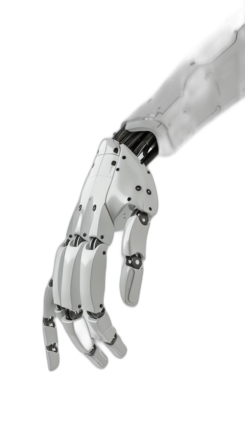 A white robot hand with a black background, pointing to the right side of its palm, with sharp edges and high resolution. The robotic arm is composed of metal materials such as plastic and translucent acrylic, with realistic rendering details. It has an extremely delicate texture and shines in light, presenting a futuristic sci-fi style in the style of scifi.