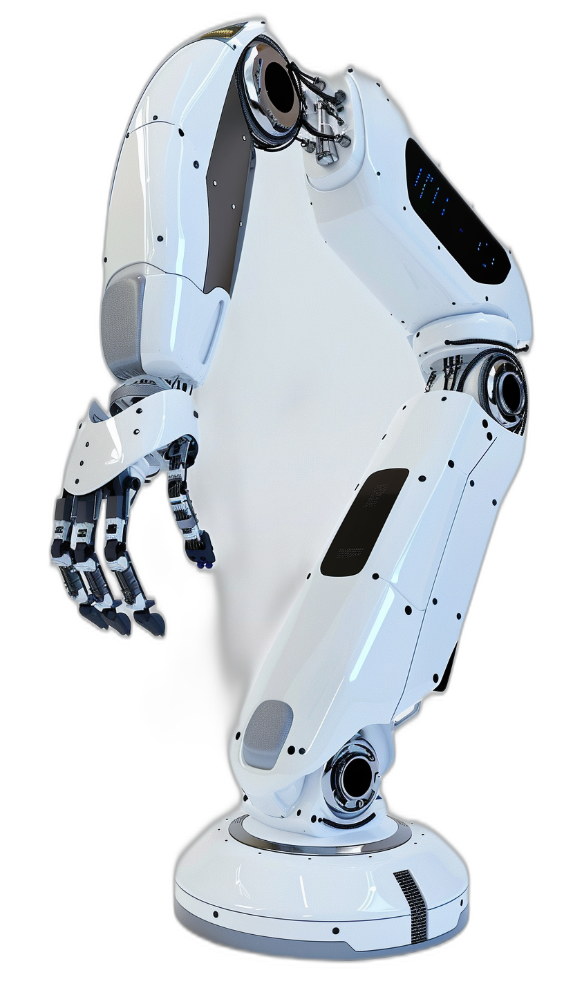 3d render of white robot arm on black background, side view, full body shot, head to toe, high resolution, very detailed