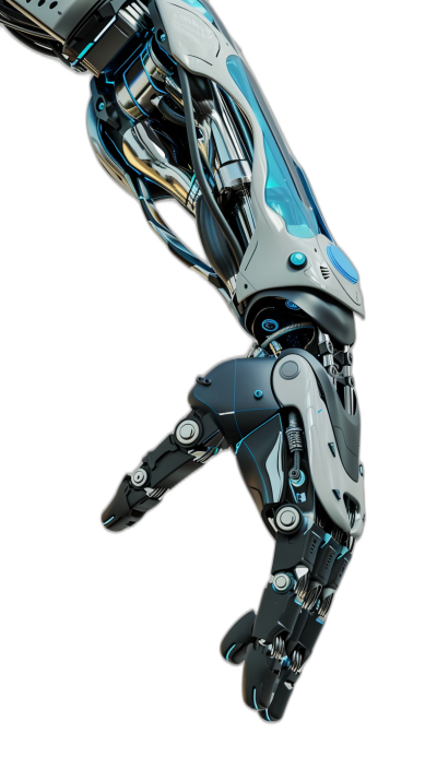 Close up of a robotic arm reaching out against a black background, with blue and silver details on the hand. The style is futuristic and hyper realistic, in the style of photorealism.