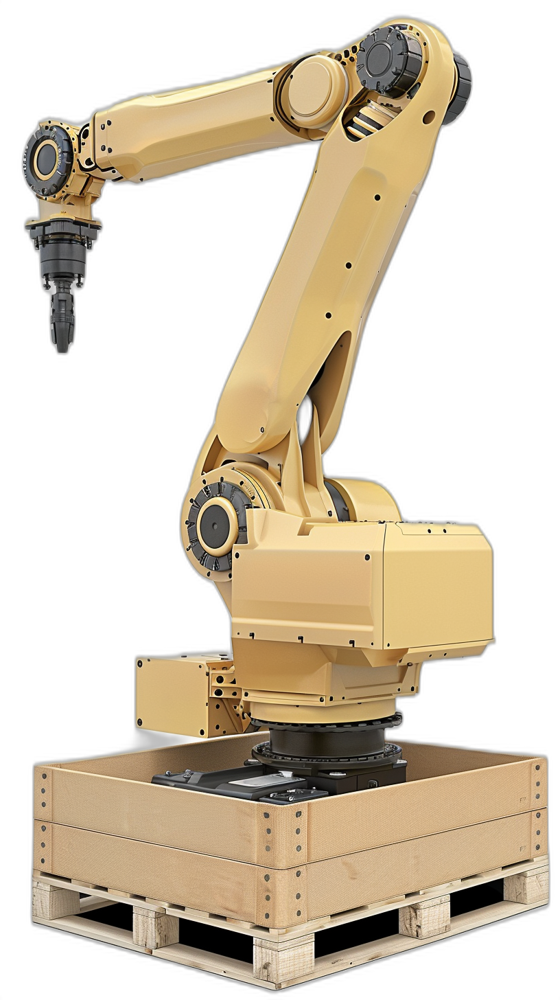 a robotic arm on top of pallets, isolated black background, beige color theme, hyper realistic