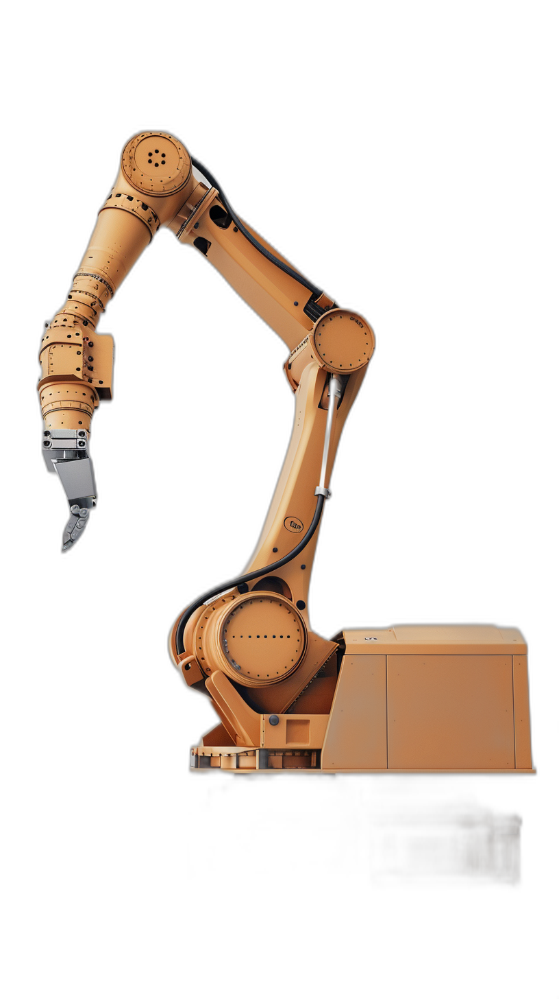 A side view of an industrial robot arm holding the front corner of a large box, on a black background, in the style of photorealistic hyperrealism studio photography, in an advertising style shot, of an orange color, at a high resolution.