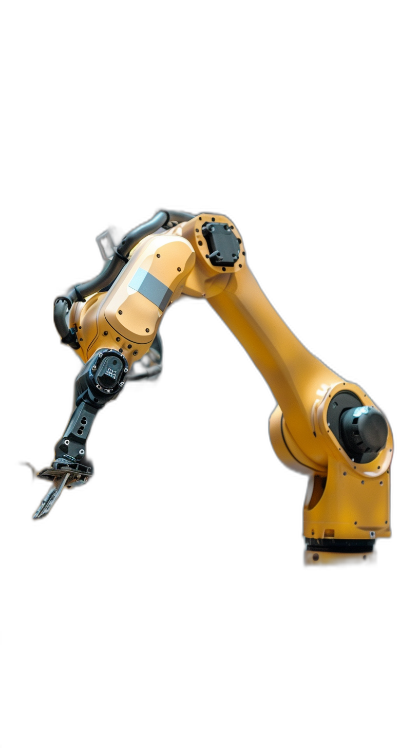 Photo of an industrial robot arm on a black background, shown from the side, yellow in color, in the style of hyperrealism, high resolution photography, with detailed texture, high levels of detail, contrast and sharpness, lit by natural light.