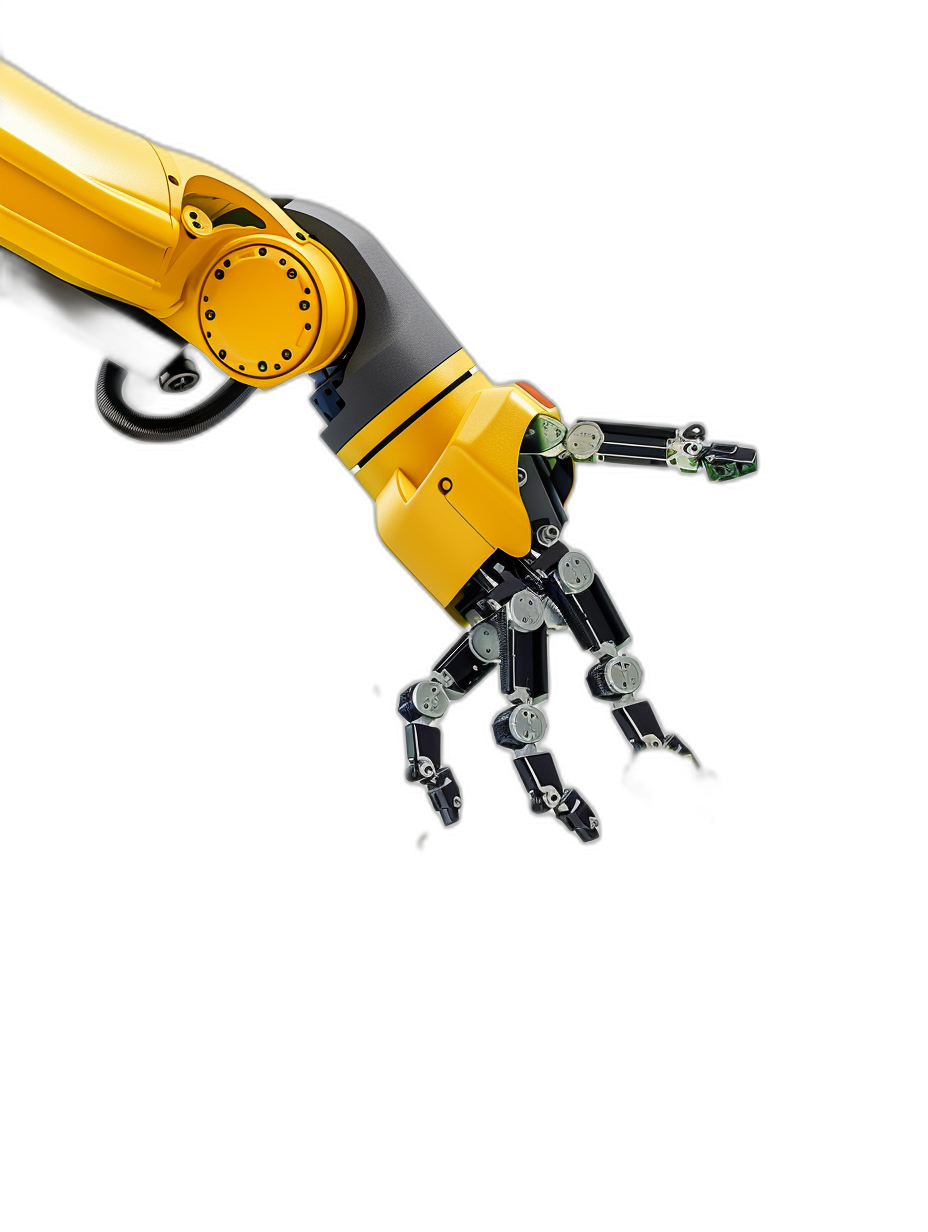 A yellow and black robot hand is on the right side of the picture against a black background in a 3/4 view rendered in a photorealistic style.