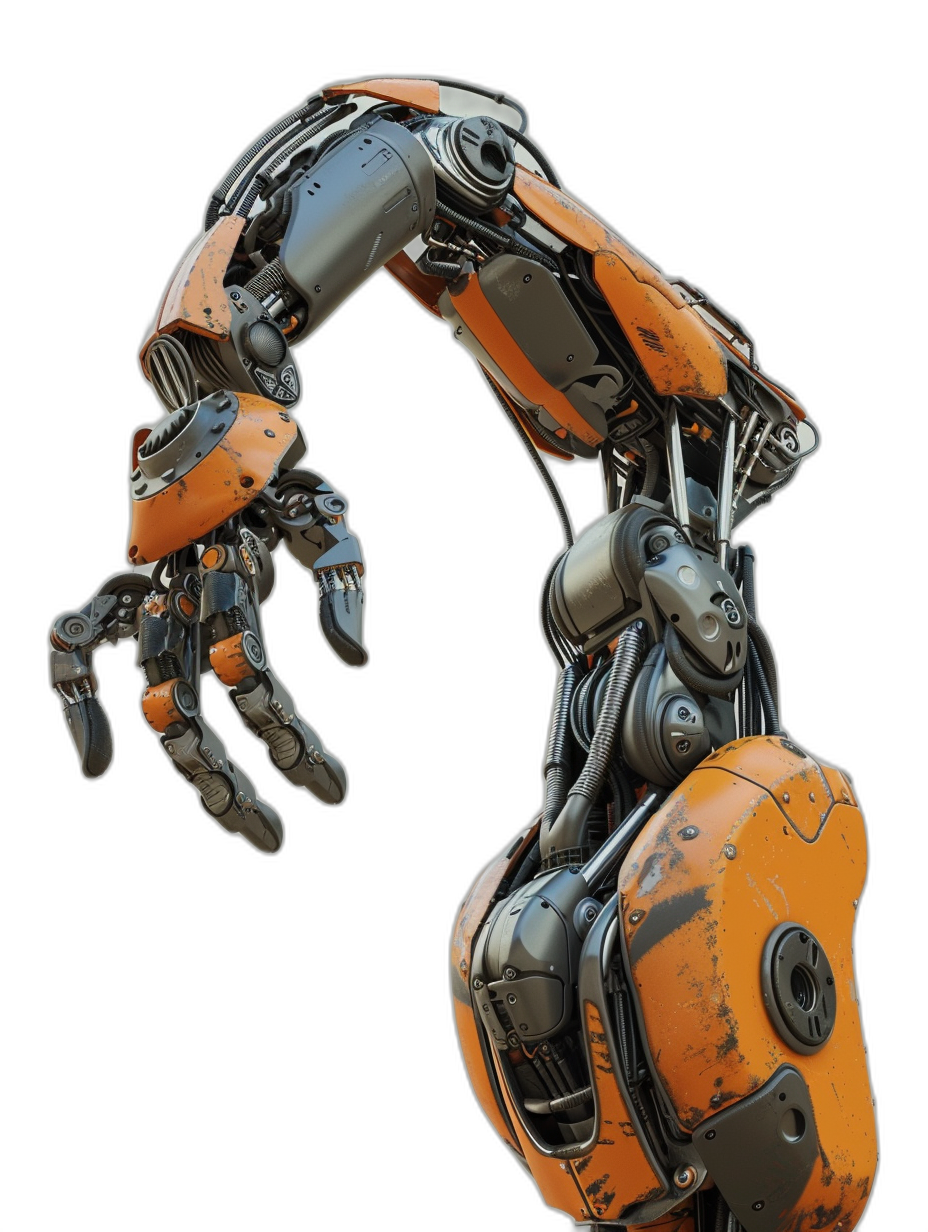 3/4 view, black background, cyberpunk orange and dark grey robot hand with claw made of metal in the style of game concept art