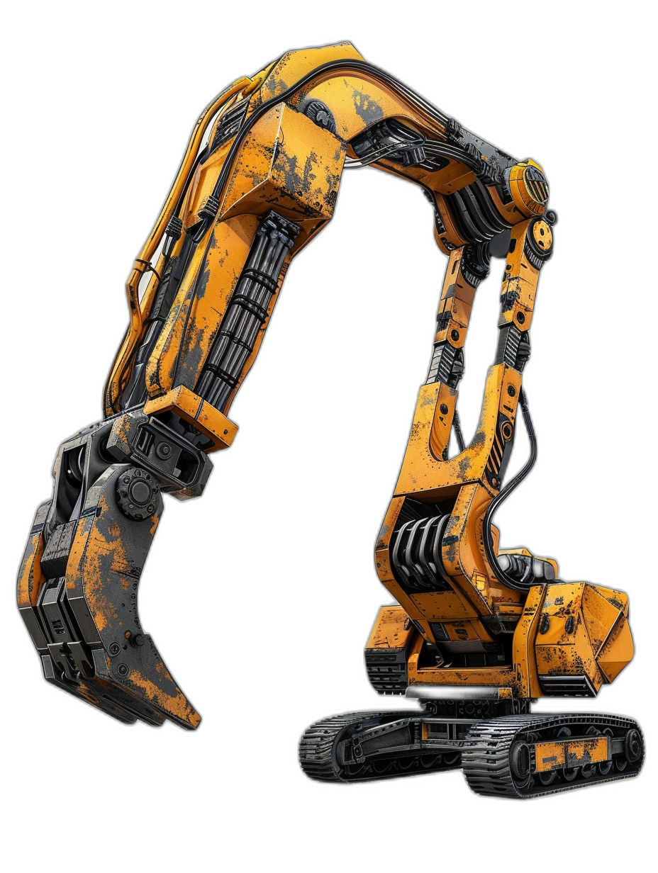 3/4 view of a yellow excavator in the style of game concept art, on a black background, rendered in a hyper realistic style.