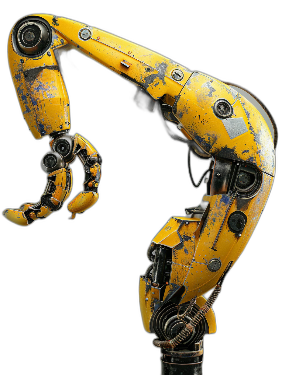 yellow robot arm with black background, full body, concept art in the style of [Craig Mullins](https://goo.gl/search?artist%20Craig%20Mullins),