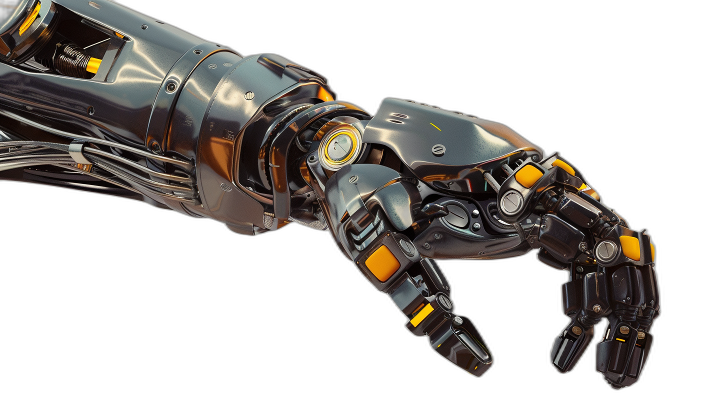 A robotic hand with a sleek, metallic exterior and intricate mechanical details, designed for industrial use on a black background. The arm is extended in front of the body, showcasing its advanced technology features like gears, hyDimensional Stritechs, yellow LED lights, high resolution, high quality, high detail, high sharpness, hyper realistic details, studio lighting, black isolated background.