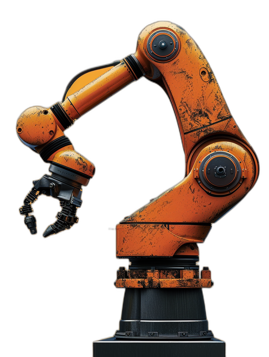 an industrial robot arm, orange color with black background, photo realistic, hyper detailed