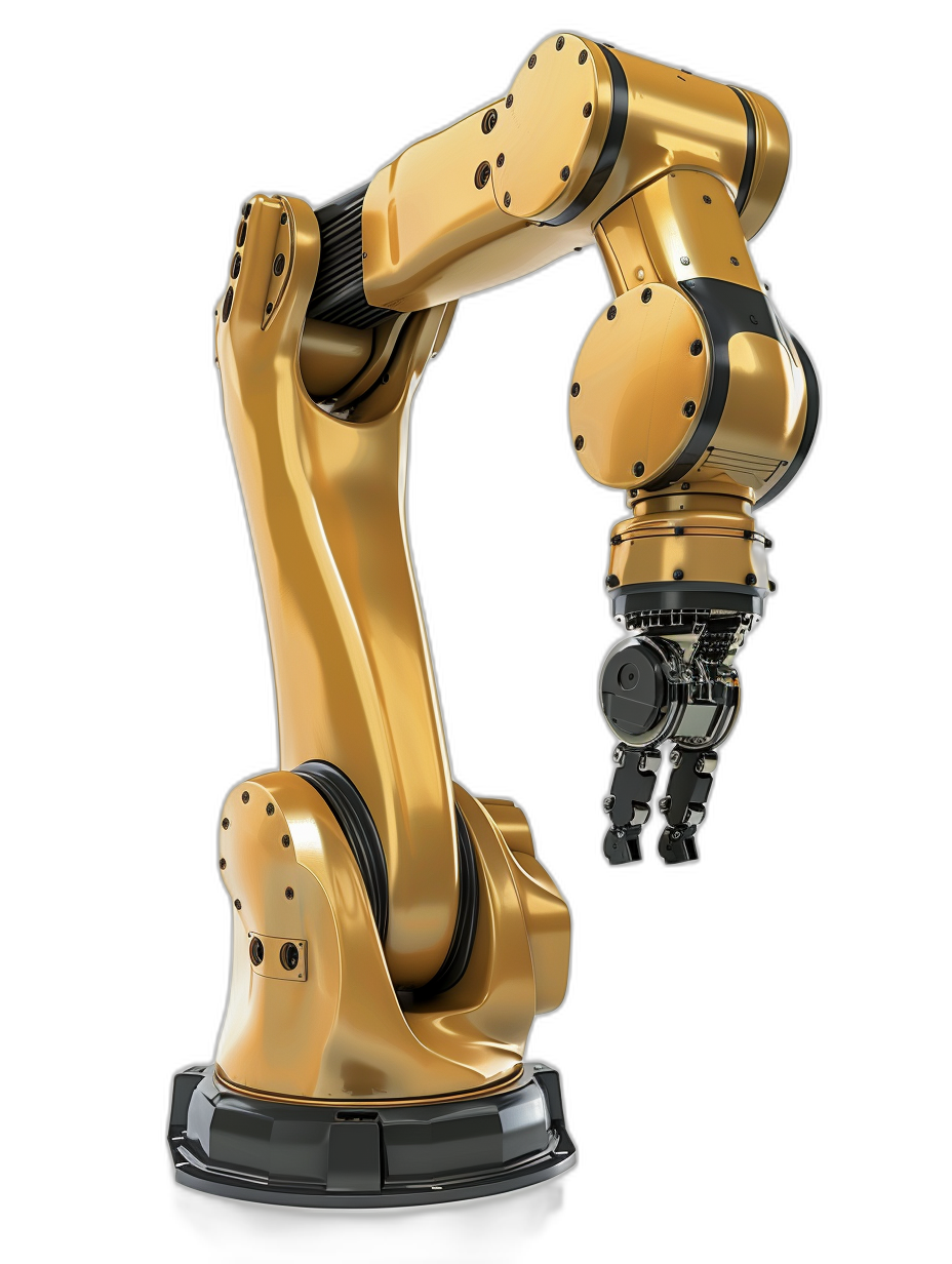 Golden and black robotic arm, isolated on a black background, in the style of photorealistic, hyperrealism, 3D rendering, high resolution photography, with a professional lighting setup and professional color grading.