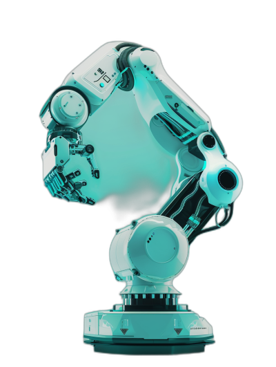 3D render of robot head made from glass, teal color on black background, side view, in the style of 青年画报. The robot head has been rendered with precision and care, its teal surfaces reflecting the black void behind it. The artist has captured intricate detail while maintaining a clean, minimal aesthetic.