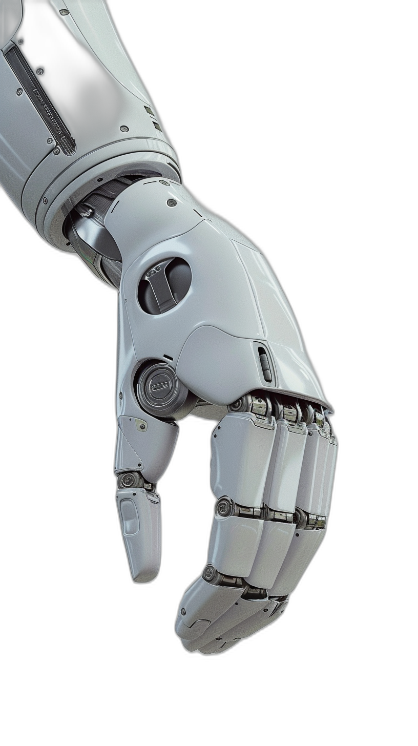 Photo of an arm in white color with robotic details, showing the palm on a black background, with a hyper realistic, detailed rendering in the style of ultra high resolution, high detail, sharp focus studio photography.