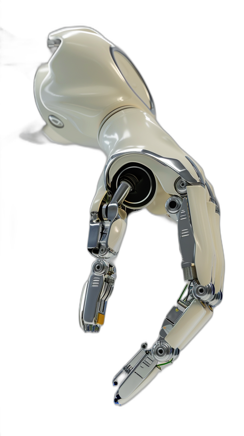 A robotic arm with its hand in the air, white and beige colors on a black background, in the style of cyberpunk, with hyperrealistic details, surreal and futuristic.