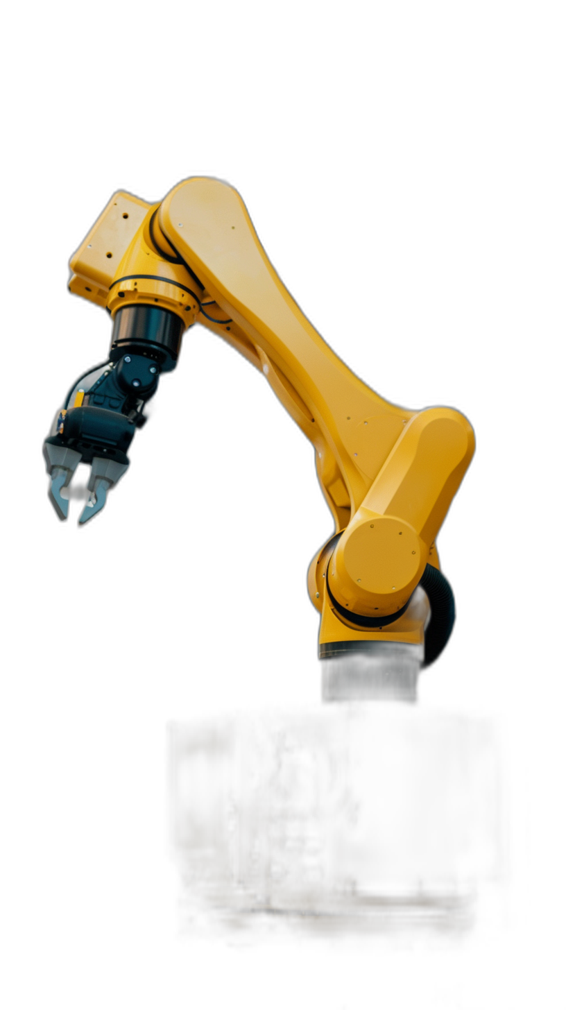 A yellow robotic arm on a black background, viewed from the side, in high resolution photography. The robotic arm is depicted in the style of side view photography with minimal editing of the original text. Chinese characters were removed.