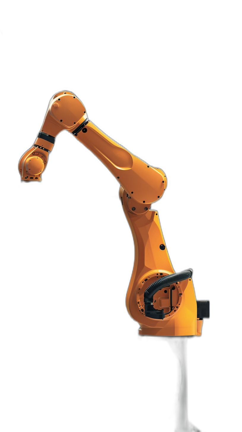 A robotic arm, side view, orange color on black background, high resolution,