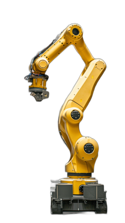 A yellow robotic arm on a black background, an industrial robot isolated in high resolution photography, in the style of industrial robot.