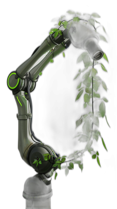 A robotic arm with green leaves wrapped around it, creating an organic and natural appearance on black background. The robot's body is sleek grey metal, giving the impression of hightech technology seamlessly integrated into nature. This design symbolizes harmony between manmade machinery and plants in futuristic urban environments.