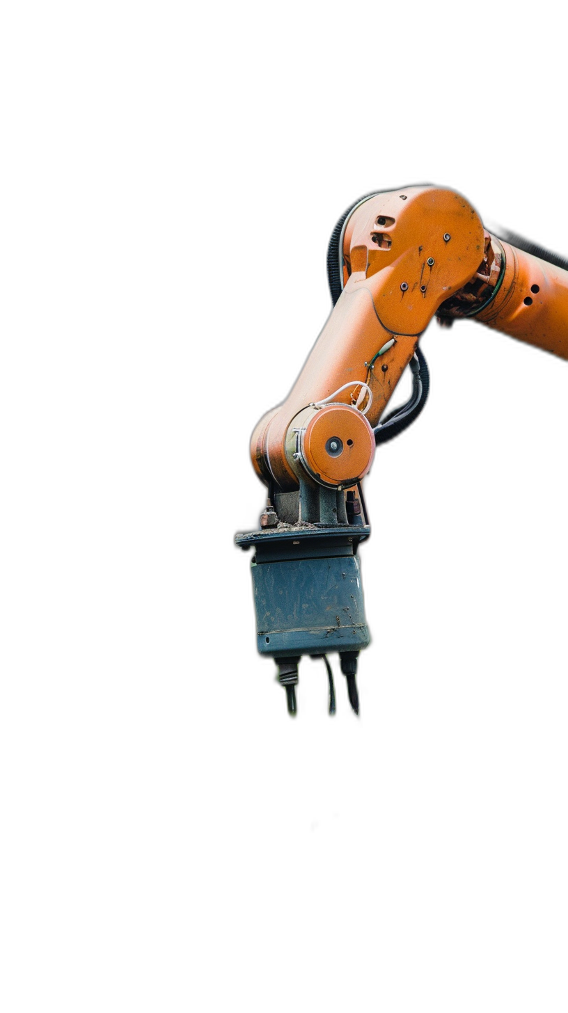 Photo of an industrial robot arm on black background, orange color, isolated