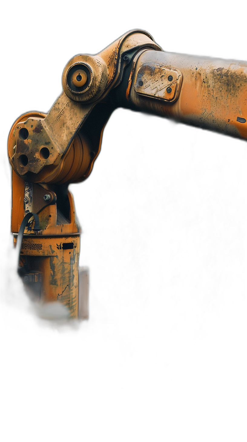 A photo of an industrial robot arm on a black background, in the style of dark orange and light bronze, surreal portrait photography, high resolution, closeup, detailed mechanical structure, industrial theme, low angle shot, strong contrast between highlights and shadows. The robotic hand is positioned at the bottom left corner of the frame with its shadow cast behind it. It has visible rust spots and signs of wear and tear. This composition creates a sense of power and technological precision.