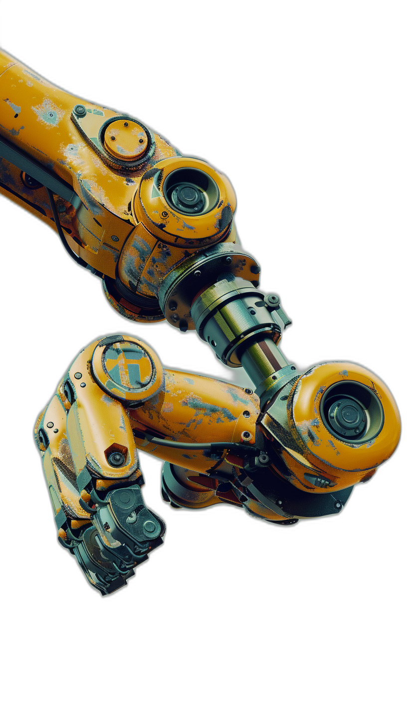 Two robotic arms reaching towards each other, one arm is orange and the second hand has two yellow circular rivets on top of its end, black background, photorealistic, in the style of Artstation.