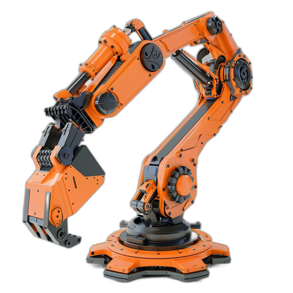 An orange and black robotic arm on the right side, isolated against a black background, in the style of industrial design, with a hyper realistic render, like product photography, at a high resolution with highly detailed imagery.