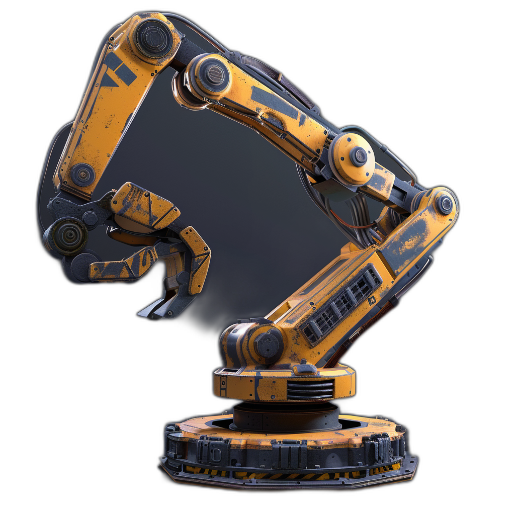 A robotic arm in the style of scifi, on a black background with a game art design style and scifi robot design, using a yellow and dark blue color scheme in the mecha style with industrial machinery aesthetics. The robotic arm is low poly in design like a game icon or game prop icon, shown from the front view at high resolution as a highly detailed 3D rendering.