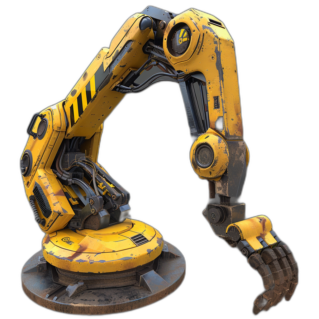 A yellow and black robotic arm, on the base of it is a small construction machine in style of warhammer40k. The robot’s hand has two big fingers with claws, with its other three being long that can be extended or stretched out to grab something. It also had some kind of head. Isolated object on a Black background. Unreal Engine, hyper realistic render