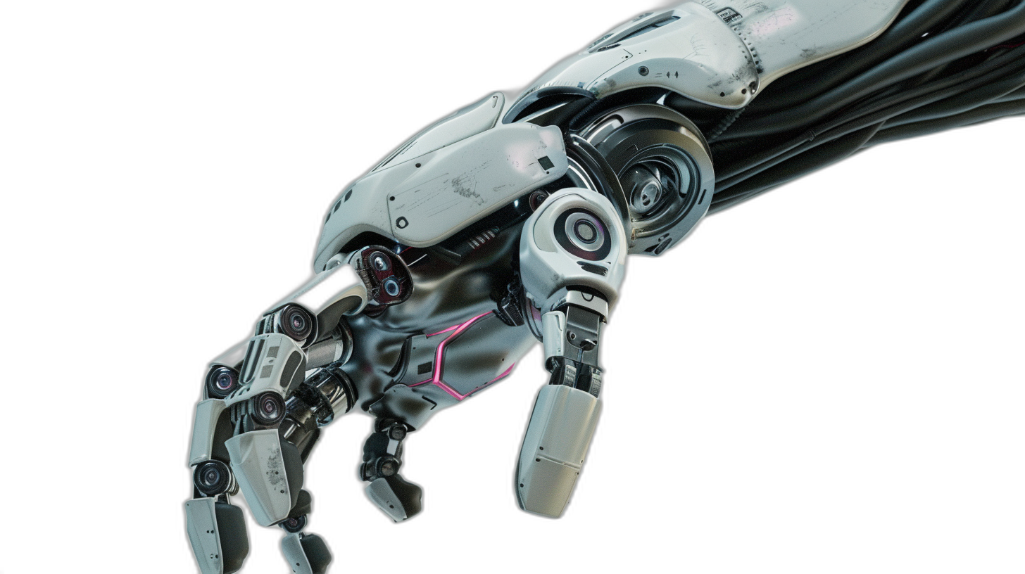 3d render of robotic hand with white and grey color, black background, pink details, cyberpunk style, hyper realistic, unreal engine rendering, close up shot, low angle view, front view, isolated on the left side, detailed anatomy, stock photo, high resolution photography, hyperrealistic