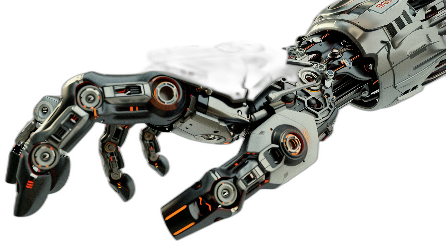 A closeup of the robotic arm’s palm, showing its complex mechanical structure with silver and black metal components and orange accents on a pure matte black background. The hand is extended forward in an open position, with visible gears and wires that give it a sense of advanced technology. This scene emphasizes detail and realism in high resolution, suitable for a detailed digital rendering or graphic design project.