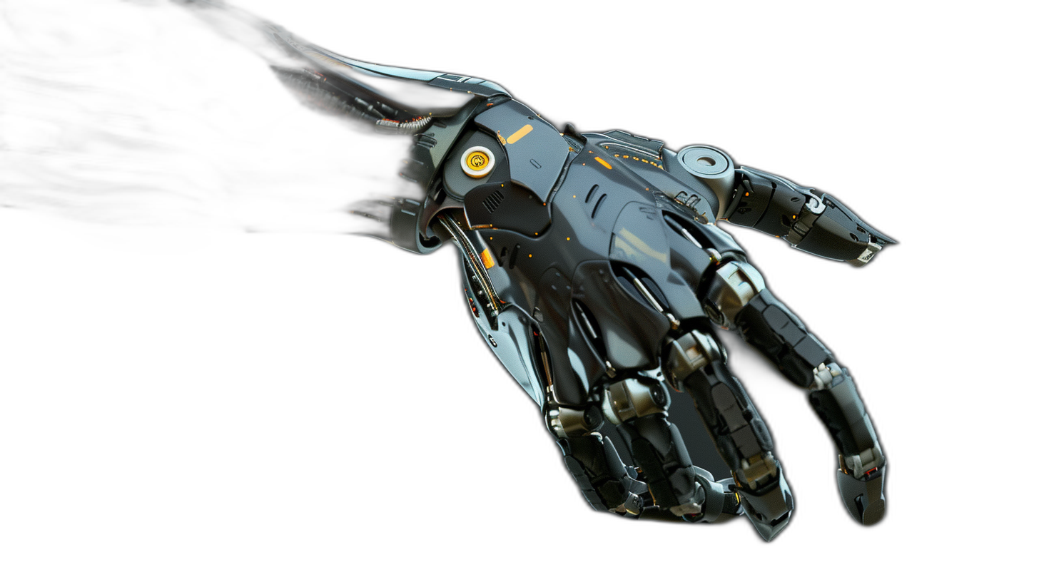 3D render of a robot hand on a black background, close up side view in the style of a futuristic style, with a dark and light gray color scheme and yellow highlights, with hyper realistic details, using octane rendering and the unreal engine, presented as high resolution photography with high details.