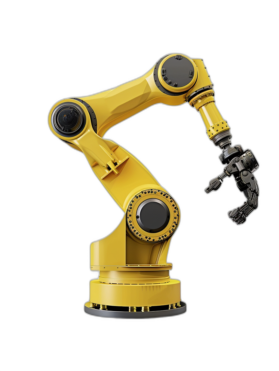 yellow robotic arm on black background, isolated stock photo, photorealistic, in the style of hyper realistic, high resolution