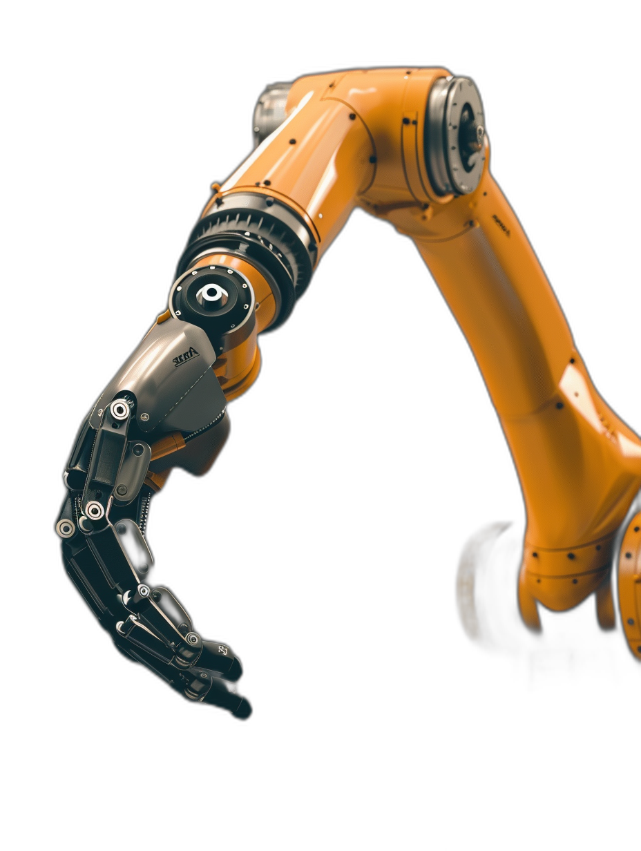 A robotic arm with an orange body and black background, holding something in its hand. The robot’s mechanical structure is detailed, showcasing advanced technology for industrial use.