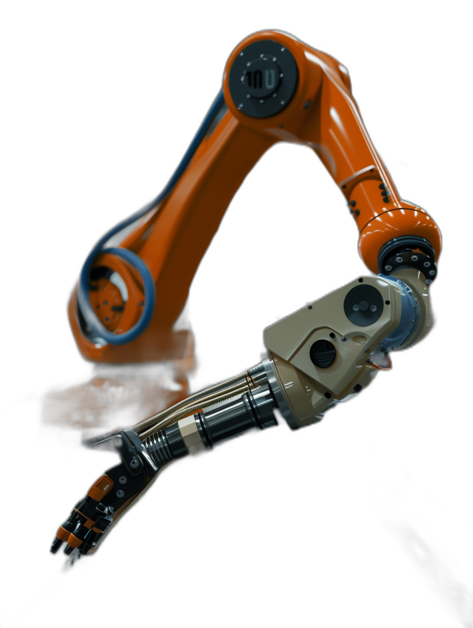 A robotic arm with mechanical precision and an industrial design style in an orange and beige color scheme on a black background with high resolution product photography.