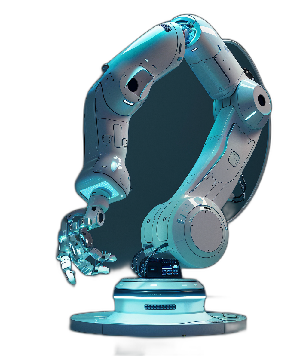 A robotic arm holding the base of an arch, scifi style, light blue and white color scheme, pure black background, scifi rendering, high resolution, hyperrealistic details, full body portrait, centered composition, 3D model, front view.