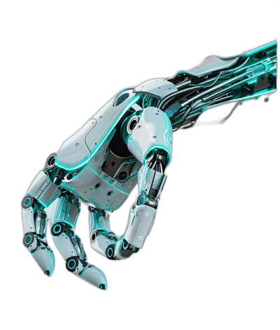 3D render of robot hand pointing in the style of cyan and white color on black background, glowing details, metallic material, tech style.