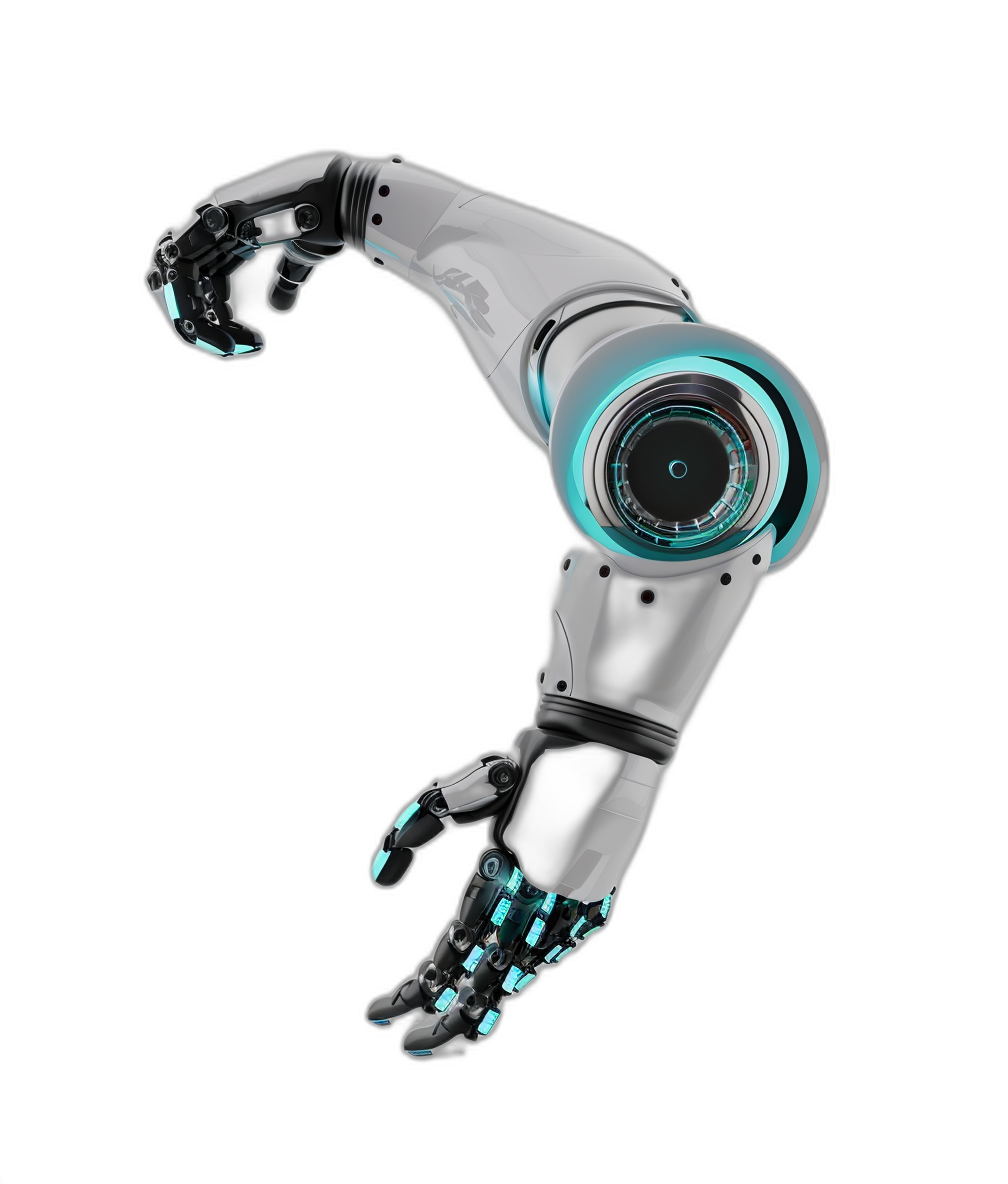 3D render of a robot hand on a black background, in a sci-fi, futuristic style, of a robotic arm with light blue and silver details, with high resolution, photorealistic, studio lighting, isolated, with white rim lights.