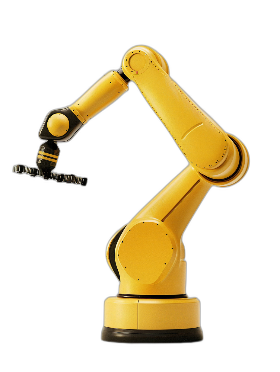 yellow robot arm holding an industrial machine, isolated on black background, hyper realistic photography