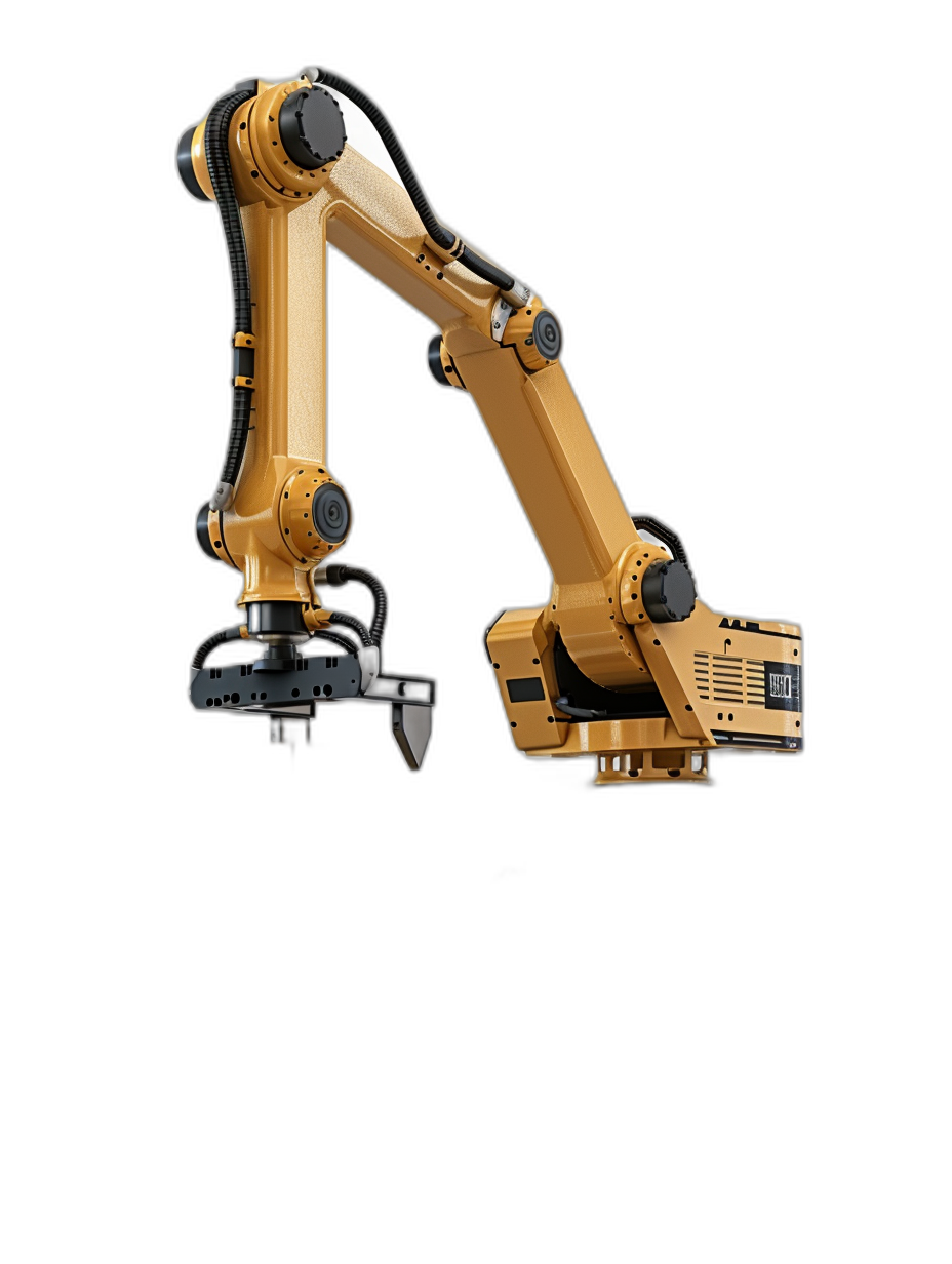 A golden mechanical arm, with a black background and side view, is used for industry technology illustration design, commercial photography, and industrial robotic arms with a simple structure. It is a 3D rendering that has a sense of science fiction and mechanical precision in the style of industrial technology.