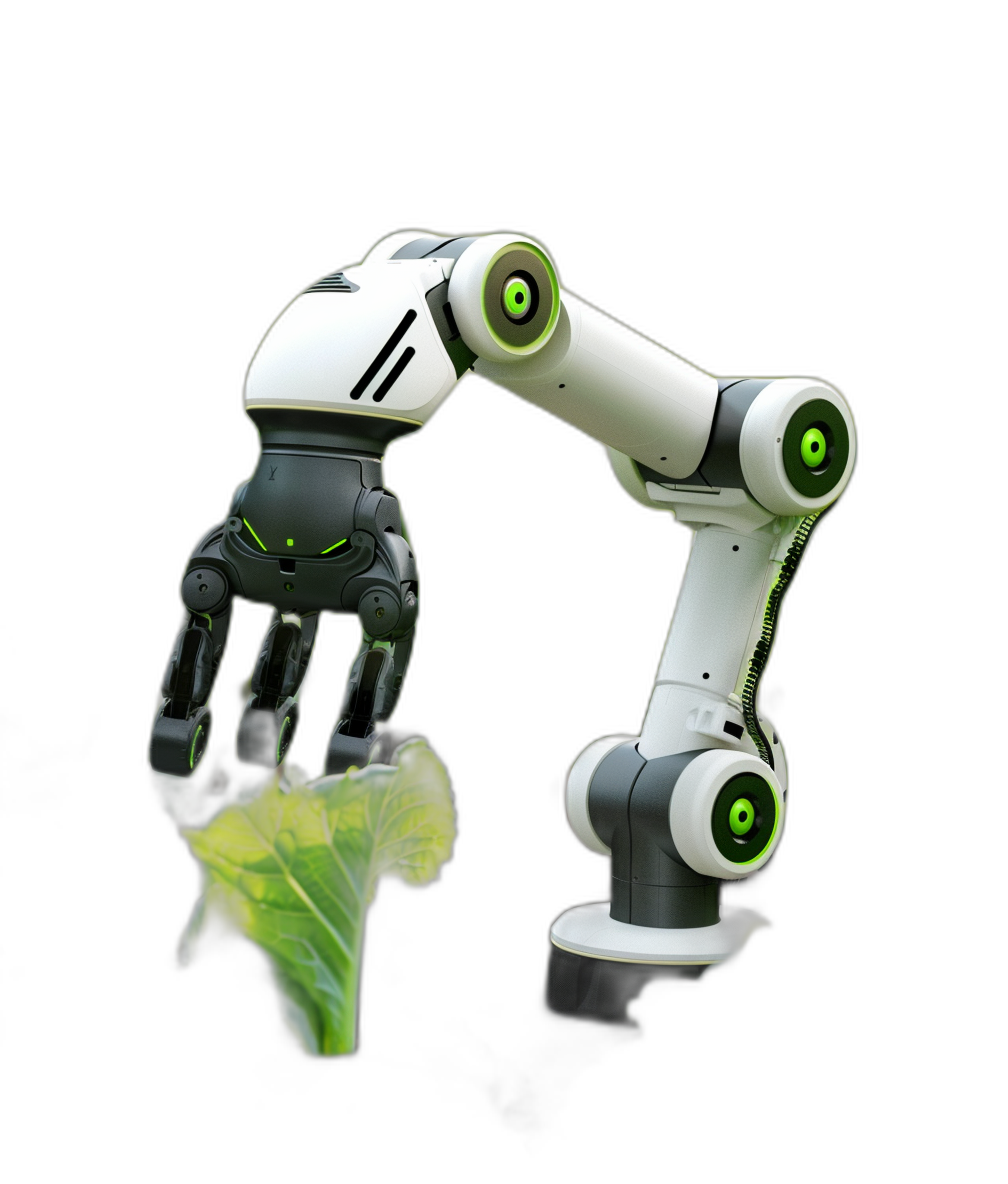 A robotic hand holding green leaves, with a white and black color scheme accented with neon, isolated against a dark background, with high detail rendered in the style of hyperrealistic product photography.