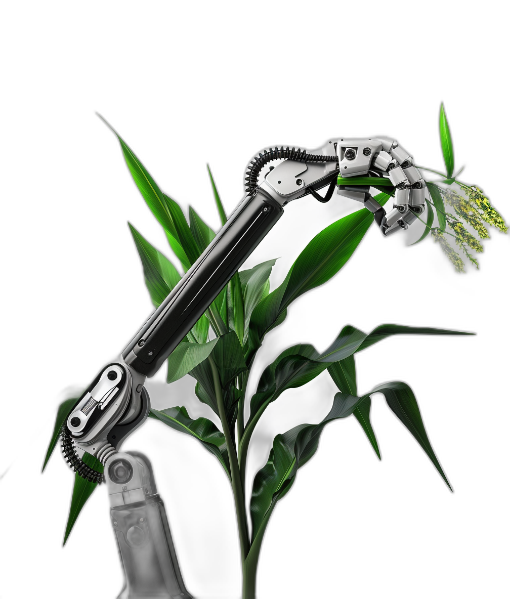 A robotic arm is picking corn leaves, with green and white colors on the plant against a black background. The robot’s metal body reflects light, creating an industrial style. It has high resolution and a half-length portrait composition in the style of the artist.