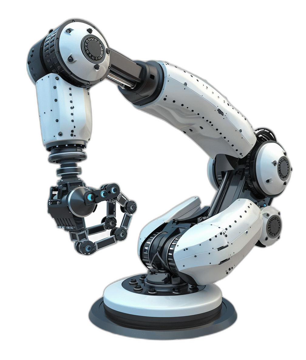 3d render of robotic arm, white and black color scheme, isolated on black background, pixar style