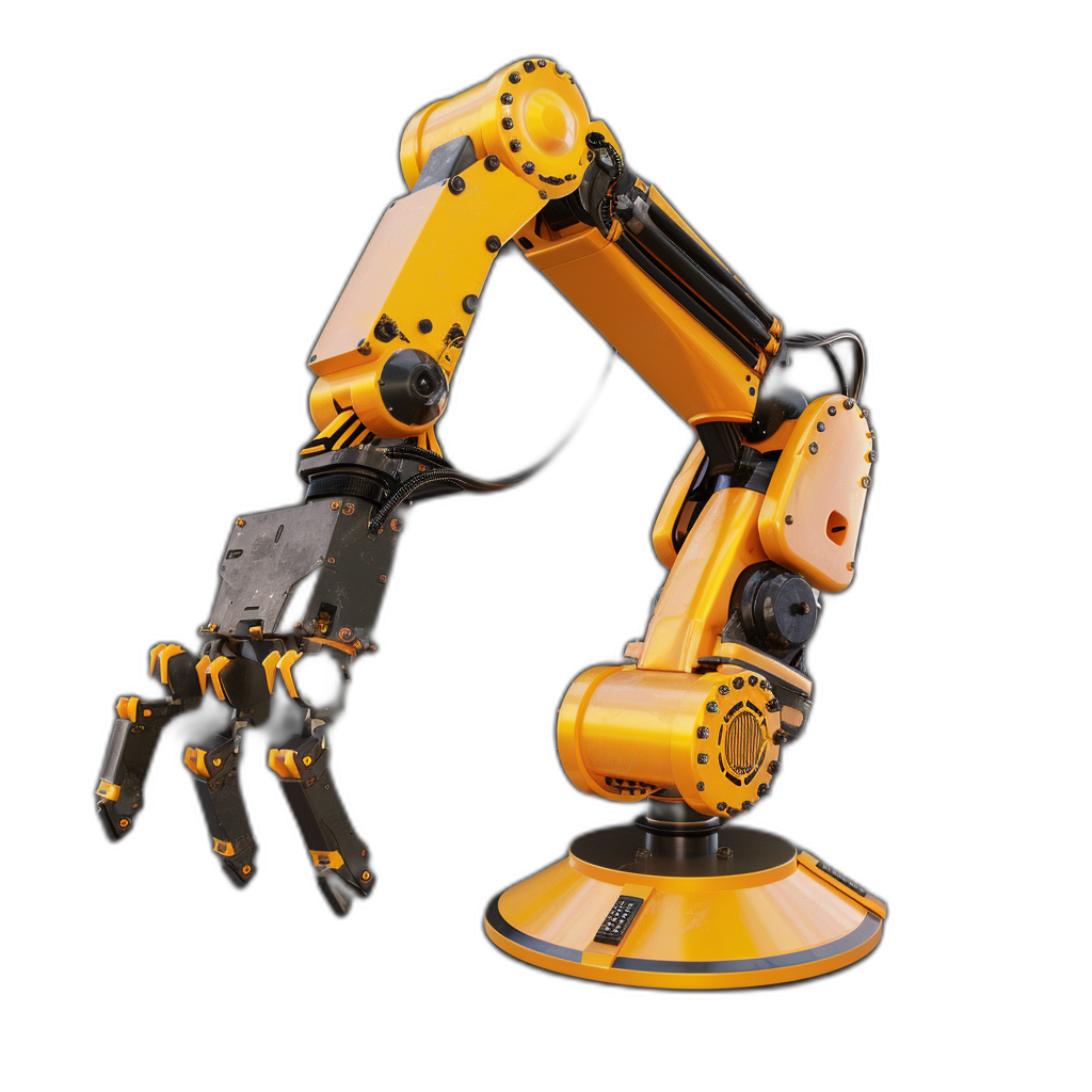 A robotic arm with a black background and a yellow and orange color scheme shown from the front in product photography with studio lighting, featuring the industrial design and mechanical structure with high resolution and hyperrealistic details in a clean and precise angle.